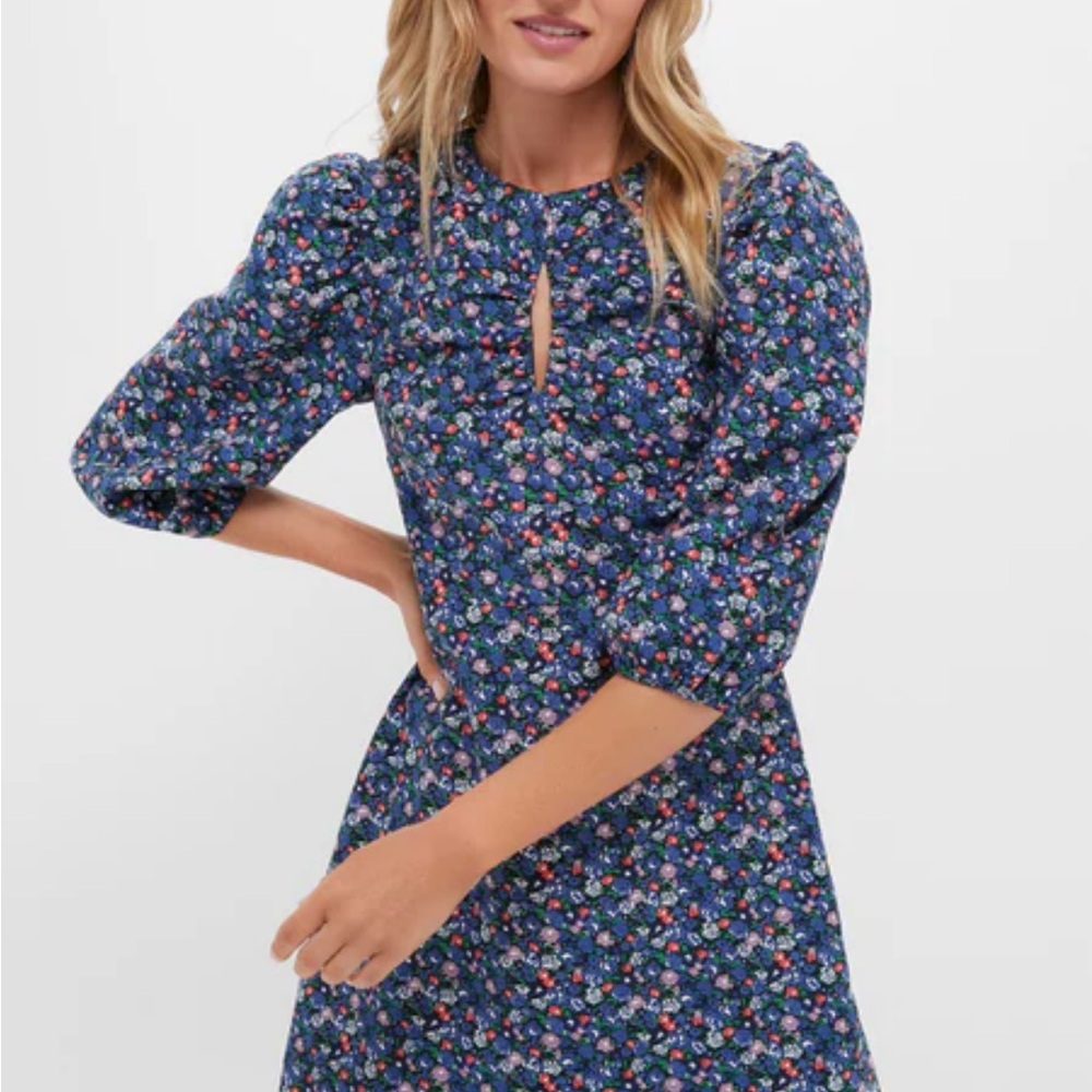 Women’s Navy Floral Keyhole Puff-Sleeve Mini Dress